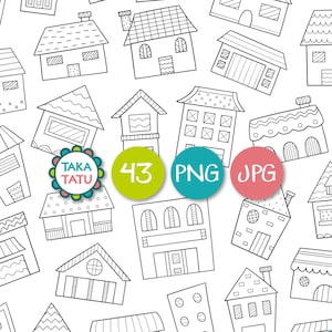 Houses and Shops Clipart - Black and White Digital Stamps / House Doodles Clipart / Cute City Doodles / Home Clipart / Building Printables
