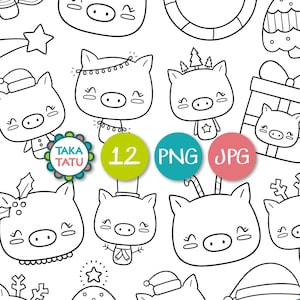 Sellos digitales de cerdos lindos para Navidad - Lindas imágenes prediseñadas de Navidad en blanco y negro / Garabatos de cerdo imprimibles para las fiestas - Descarga instantánea