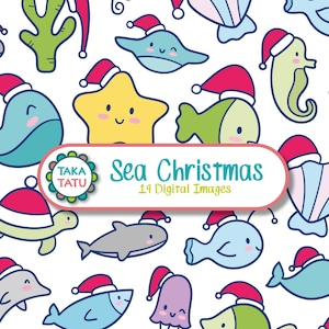 Sea Christmas Cute Hand Drawn Printable Holidays Clipart Set / Kawaii Xmas Fishes for Craft Prjects / Whale Doodle / Sea Animals Doodles