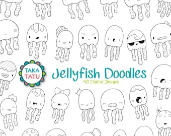 Jellyfish Doodles Clipart - Sea Digital Stamp / Cute Jellyfish Printable for Kids / Cute Face Expressions Stamps / Black and White Digital