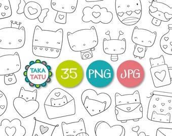 Valentine Cats Clipart - Romantic Cat Doodles / Cat Doodles / Cats and Hearts Digital Stamp / Black and White Line Art / Kitten Clipart