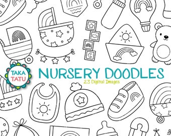 Nursery Doodles Clipart - Baby Room Digital Stamps / Newborn Theme Printables / Black and White Baby Coloring Images / Baby Shower