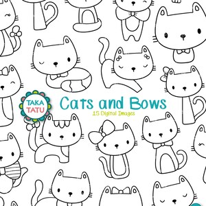 Cats and Bows Digital Stamp Pack - Black and White Lines / Cute Cats Doodles / Cute Animal Printable / Clipart for Kids / Instant Download
