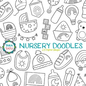Kwekerij Doodles Clipart - Babykamer digitale postzegels / pasgeboren thema Printables / zwart-wit baby kleurende afbeeldingen / babydouche