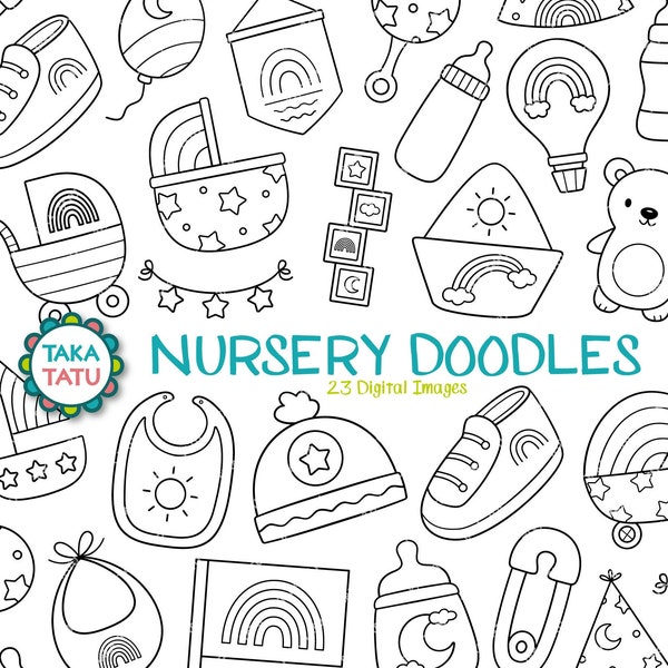 Nursery Doodles Clipart - Baby Room Digital Stamps / Newborn Theme Printables / Black and White Baby Coloring Images / Baby Shower