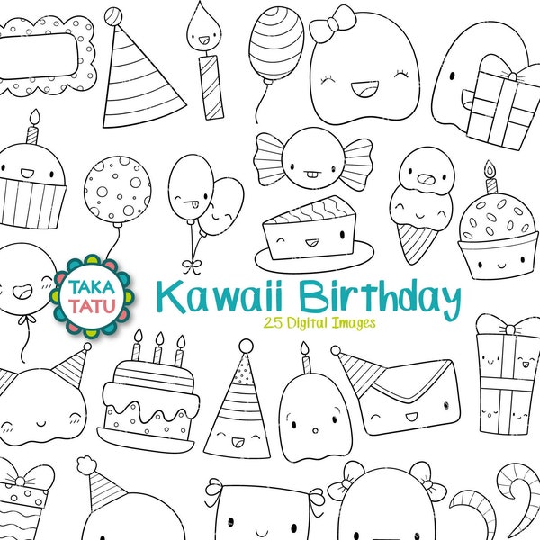 Kawaii Birthday Clipart - Birthday Digi Stamps / Cute Line Art / Cute Birthday Characters / Party Clipart / Kids Fun Birthday Party