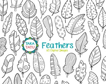 Feather Doodles Clipart - Black and White Feather Digital Stamp / Feather Printable Clipart / Hand Drawn Digital Feathers / Tribal / Boho