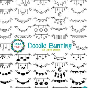 Doodle Bunting Digital Stamp - Hand Drawn Bunting Banner Clipart / Banner Stamp / Doodle Banner / Hand Drawn Garland / Flags / Polka Dots