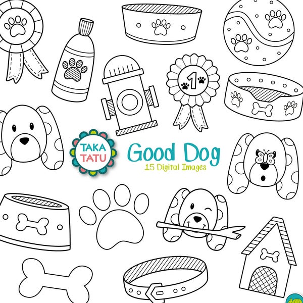 Good Dog Digital Stamp - Dog Clip Art / Dog Line Art / Pet Clip Art / Puppy Clipart / Cute Dog Clipart / Dog Bowl / Dog House