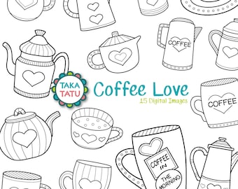 Coffee Love Digital Stamp Pack Black and White Clip Art / - Etsy