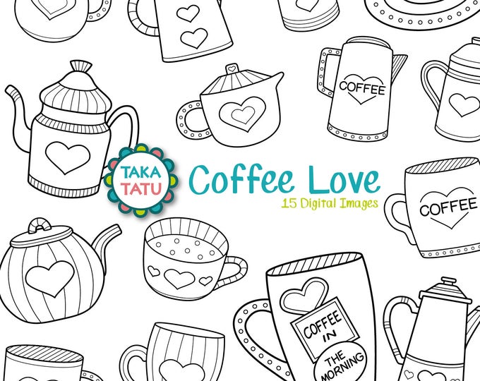 Coffee Love Digital Stamp Pack Black and White Clip Art / - Etsy