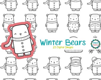 Sello digital de oso de invierno - imágenes prediseñadas de oso lindo / osos dibujados a mano Kawaii / imágenes de invierno / gráficos de oso lindo para imprimir para niños / sello Digi