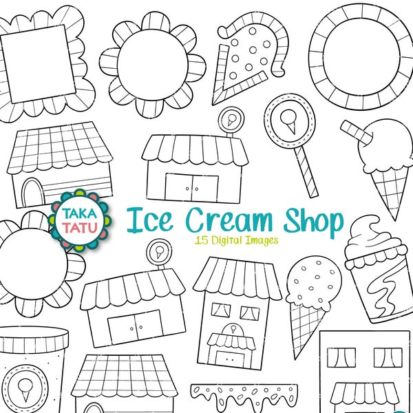 Ice Cream Shop Clipart - Digital Stamp / Ice Cream Shop Doodles / Branding / Gelato / Dessert / Hand Drawn Ice Cream / Cute Doodles / Frames