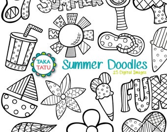 Summer Doodles Digital Stamp Pack - Clipart noir et blanc / Clipart dessiné à la main / Doodles Clipart / Summer Clipart Download