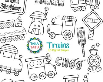 Carimbo digital de trens - Clip Art de trens / Clipart de trem / Trem para impressão / Arte em linha de trem / Clipart preto e branco / Transporte / Crianças