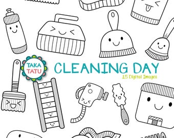 Cleaning Digital Stamp - Kawaii Cleaning Clipart / Cleaning Supplies Clipart / Household Chores / Housekeeping Clipart / Cleaning Printable