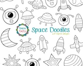Space Doodles Digital Stamp - Black and White Clipart / Kids Clipart / Alien Clipart / Printable for Kids / Cute Alien / Rocket Clip Art