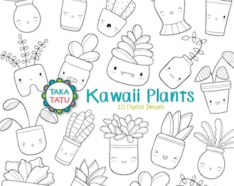 Kawaii Plants Clipart - Cute Plants Digital Stamp / Cute Faces / Kawaii Botanical / Leafs / Cute Plant Vases Printable Line Art / Plant Pot