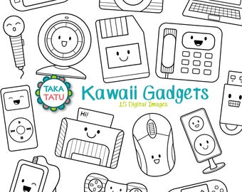 Kawaii Gadgets Digital Stamp Gadget Clip Art / Electronic Clipart /  Technology Clip Art / Printable / Notebook / Printer / Telephone 