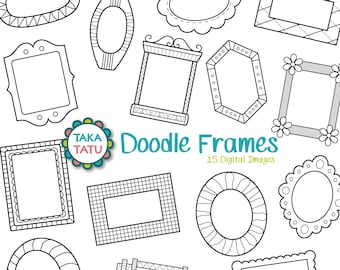 Doodle Frames Digital Stamp Pack - Clipart noir et blanc / Cadres noir et blanc / Cadres dessinés à la main / Doodle Clipart - Téléchargement instantané