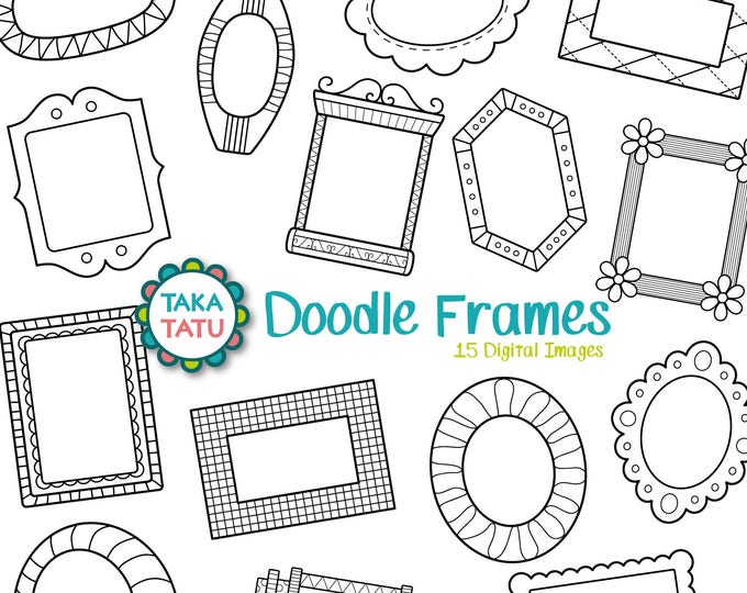 Doodle Frames Digital Stamp Pack Black and White Clipart / - Etsy