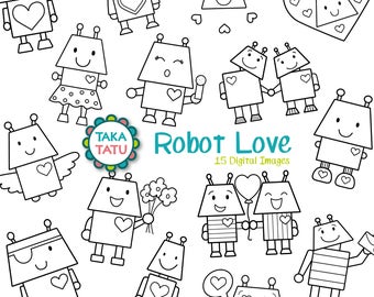 cute homework clipart black and white Robot Love Digital Stamp Pack - Black and White Clipart / Valentines Clip Art / Love Clip Art / Line Art / Robots Clipart - Instant Download
