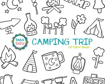 Camping Trip Digital Stamp - Camping Clip Art / Camping Doodles / Camping Party / Vacation Trip / Hand Drawn Clipart / Camping Printabl