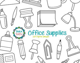 May include: A set of 20 black and white line drawings of office supplies, including a stapler, a mug, a lamp, a pencil, a binder, a paperclip, a push pin, a glue bottle, a marker, a pen, a tape dispenser, and an envelope. The text "Office Supplies" and "20 Digital Images" is included in the image.