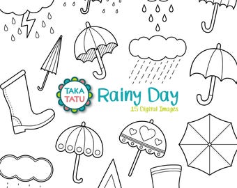 Rainy Day Digital Stamp Pack - Rain Clipart / Weather Clipart / Umbrella Clipart / Rain Digi Stamp / Weather Stamps / Doodles