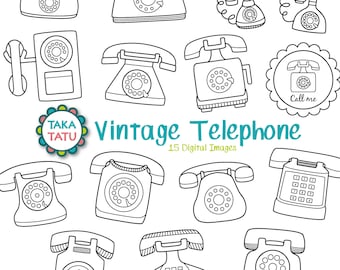 Vintage Telephone Digital Stamp Pack - Retro Telephone Clip Art / Old Telephone Clip Art / Old Phone Clipart / Vintage Phone Clip Art