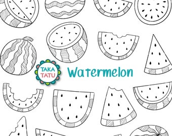 Watermelon Clipart - Hand Drawn Digital Stamp / Watermelon Doodles / Printable Watermelon / Watermelon Party / Fruit Line Art  / Summer Art