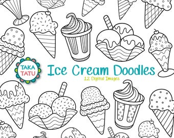 Könnte beinhalten: Ein Set mit 12 Schwarzweiß-Digitalillustrationen von Eisbechern, -töpfen und -sundae. Die Illustrationen sind im Doodle-Stil gehalten und perfekt zum Ausmalen oder zum Hinzufügen zu eigenen Designs. "Ice Cream Doodles" und "12 Digital Images" sind im Bild zu sehen.