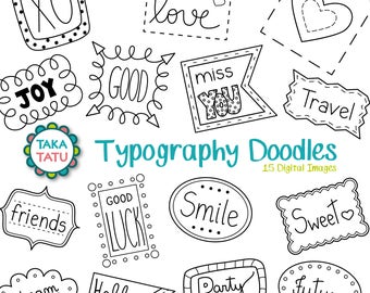 Typography Doodles Digital Stamp - Black and White Clipart / Typography Clipart / Hand Drawn / Handwriting / Words Clipart / Printable Words