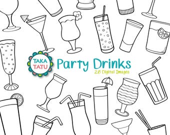 Könnte beinhalten: Ein Set mit 20 Schwarzweiß-Digitalbildern von verschiedenen Partygetränken. Die Bilder sind im Cartoon-Stil gehalten und zeigen Getränke wie Cocktails, Martinis und Gläser mit Saft.