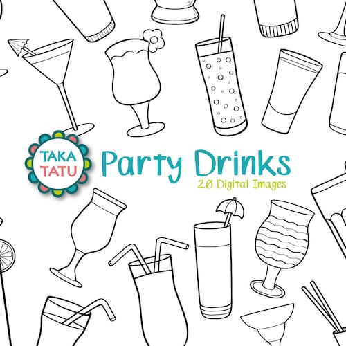 Party Drinks Digital Stamp Pack Black and White Clipart / - Etsy