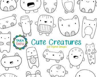 Cute Creatures Clipart - Kawaii Characters Stamp / Kawaii Monster / Kawaii Cardmaking and Coloring Page / Printable Fun Character Line Art