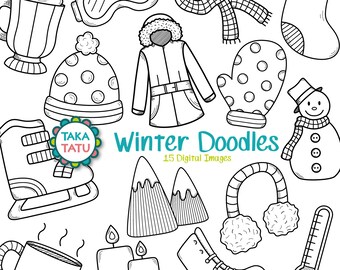 Winter Doodles Digital Stamp - Winter Clipart /Winter Stamp / Winter Printable / Snowman / Snow Coat / Hand Drawn Clipart / Ice Skate
