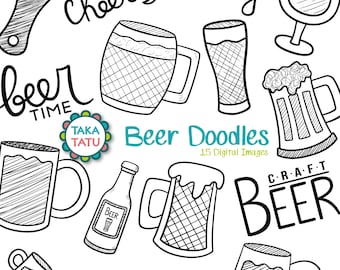 May include: A set of 15 black and white digital illustrations of beer-related items, including beer mugs, bottles, glasses, and a bottle opener. The illustrations are in a doodle style and include the text "Cheers brewery", "Beer Time", "Beer Doodles", "Craft Beer", and "Hangover".