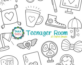 Teenager Room Digital Stamp Pack - Black and White Clipart / Cute Clipart / Heart / Girl Clipart / Line Art / Hand drawn / Printable / Fun