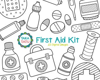 First Aid Kit Digital Stamp - First Aid Clipart / Medical Kit Clipart / Emergency Kit / Medicine / Pills / Band aid / Thermometer Clipart