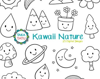 Kawaii Nature Digital Stamp Pack - Kawaii Nature Clipart / Kawaii Clipart / Nature Printable / Moon / Planet / Mountain / Kawaii Printable