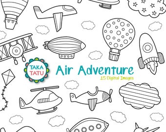 Airplane Digital Stamp Pack - Black and White Clipart / Sky Clipart / Airplane Clip Art / Hot Air Balloon Clip Art / Flying Objects Clipart