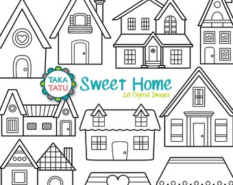 Süßes Zuhause Digital Stamp Pack - schwarz und weiß Clipart / Haus Clipart / Haus Clipart / Haus Clip Art / Haus Digi Stamp - Instant Download