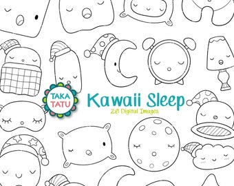 Kawaii Sleep Clipart - Sleep Time Digital Stamp / Cute Sleepy Characters for Coloring Pages / Moon and Stars / Nap Time / Lazy Day Stamps