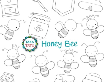 Honey Bee Digital Stamp Pack - Printable Clipart / Kawaii Bees Line Art / Honey Clipart / Bee Clipart / Cute Bees / Queen Bee Digital Image