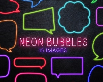 Neon Speech Bubble Clipart - Neon Text Bubbles / Word Bubble Overlay / Neon Lights / Speech Frame Clipart / Digital Images Instant Download