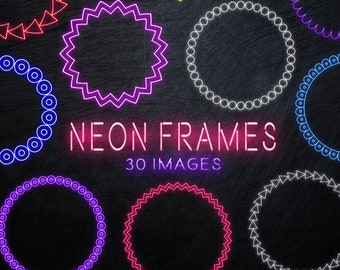 Neon Frames Clipart Set - Neon Bright Overlay / Neon Light Circle Frames / Circle Doodle Frames / Neon Light Style / Digital Neon Frame