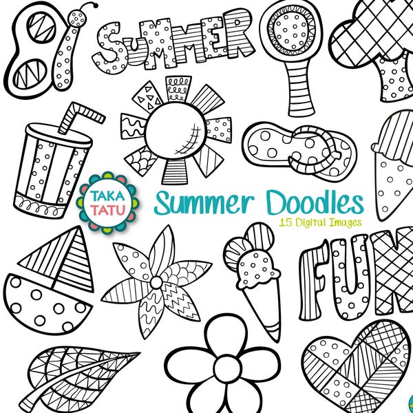 Summer Doodles Digital Stamp Pack - Black and White Clipart / Hand Drawn Clipart / Doodles Clipart / Summer Clipart Download