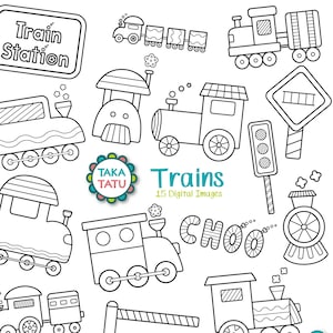 Digitale Stempel - Züge Clip Art / Zug Clipart / Zug druckbar / Zug Linie Art / schwarz und weiß Clipart / Transport / Kinder