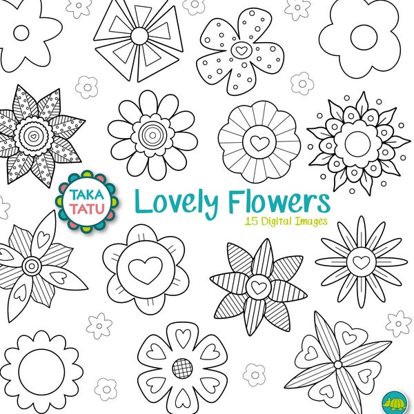 Flowers Digital Stamp Pack - Black and White Clipart / Flower Clipart / Hearts Clip Art / Valentines Clip Art / Flowers and Hearts Clip Art